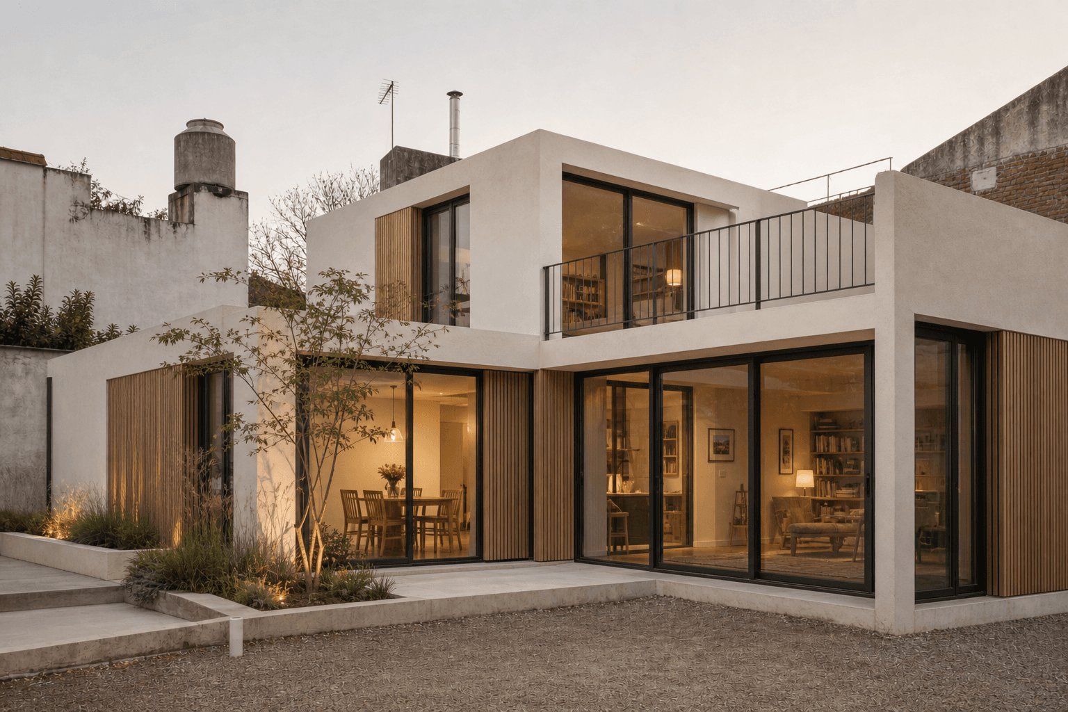 Visualización ilustrativa de una vivienda contemporánea terminada, cálida y abierta al jardín