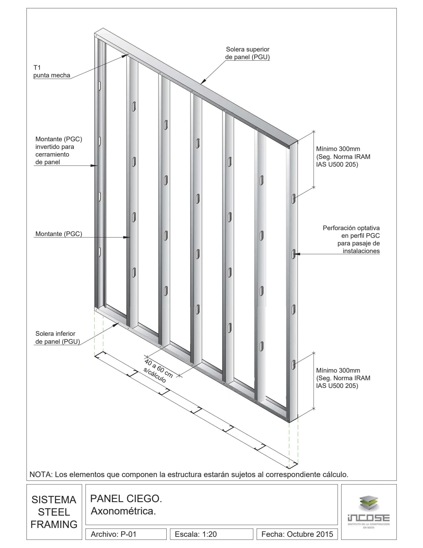 Lámina técnica INCOSE de un panel ciego de steel framing, con montantes, soleras y fleje de estabilización identificados.